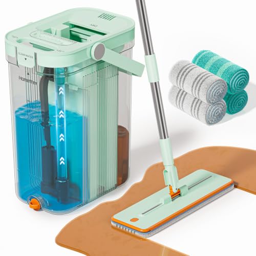 HoMettler 3-Tank Transparent Mop and Bucket Set with Separate Dirty & Clean Water, 65" Flat Mop for Floor Cleaning, 4 Machine Washable Microfiber Pads for Wood Tile - Green - color: Green-4 Pads