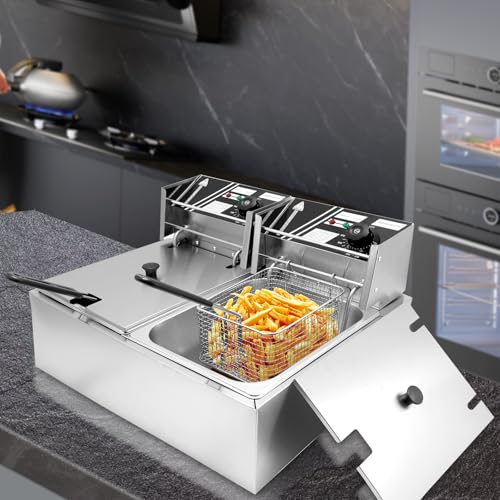 Commercial Deep Fryer with Baskets, 5000W Thickened Stainless Steel Electric Oil Fryer, Large Capacity with Temperature Control (12L) - size: 12L