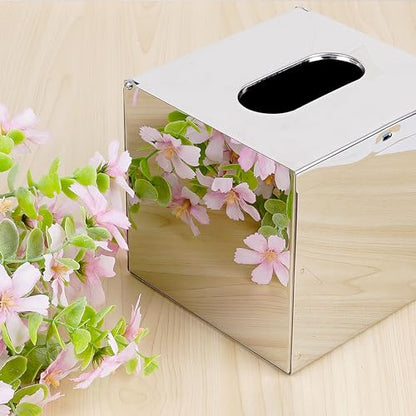 Stainless Steel Tissue Box Cover, Mirror Polished Chrome Cube Holder, Wall Mountable or Countertop Dispenser for Bathroom Vanity, Hotel, Commercial Office (Silver)