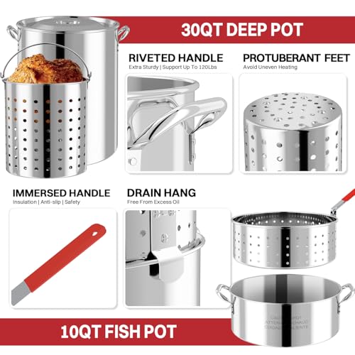 30QT Turkey & 10QT Fish Fryer Set | Stainless Steel Pot | Outdoor Fryer - size: 30QT+10QT+Cover+Skimmer