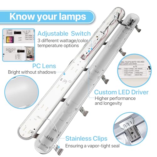 HYPERLITE 65W 4FT LED Vapor Light, 45W/55W/65W Vapor Proof Tight Light Fixture, 8450lm 4000K/5000K/6000K Selectable, AC120-277V Waterproof LED Outdoor Shop Light for Car Wash,Garage,Warehouse,ETL - size: 4FT | 1 PACK