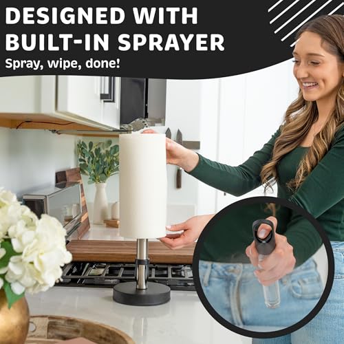 Stainless Steel Paper Towel Holder with Spray Pump – One-Handed Tear, Smart Traction System with Heavy Duty Suction Cups (Black, Spray Pump) - color: Black