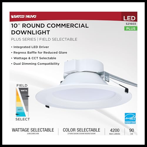 Satco S21603 35W Integrated LED 10 Inch Commercial Downlight Retrofit, Recessed Mount, 2700K-5000K CCT Selectable, 4200 Lumens, White Finish, 120-277V, Energy Star, JA8