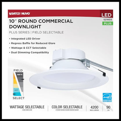 Satco S21603 35W Integrated LED 10 Inch Commercial Downlight Retrofit, Recessed Mount, 2700K-5000K CCT Selectable, 4200 Lumens, White Finish, 120-277V, Energy Star, JA8