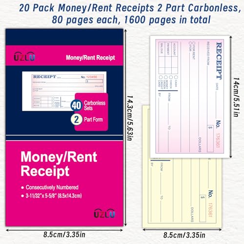 20 Packs Money and Rent Receipt Book, 3-11/32" x 5-5/8" Rent Receipt Books, 2 Part Carbonless for Small Business, Receipt Pad with Consecutive Numbering & Wraparound Cover, 40 Sets per Book - size: 3-11/32" x 5-5/8"-20 PCS, style: Rent Receipt Book Style