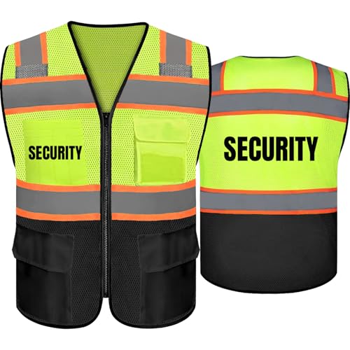 BeautyWill Custom LOGO Safety Vests Reflective Vest Class 2 ANSI with Pockets Zipper High Visibility Construction Uniform - color: 029-yellowblack-security, size: Small