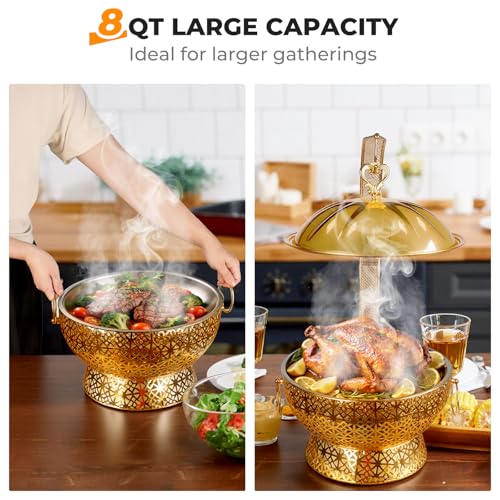 8QT Gold Chafing Dish Buffet Set, Luxury Stainless Steel Food Warmer, Elegant Hollow-Out Design Catering Server for Weddings, Parties, Hotel, Banquets, Christmas & Home Entertaining（4 pcs） - color: Gold01