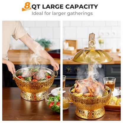 8QT Gold Chafing Dish Buffet Set, Luxury Stainless Steel Food Warmer, Elegant Hollow-Out Design Catering Server for Weddings, Parties, Hotel, Banquets, Christmas & Home Entertaining（4 pcs） - color: Gold01
