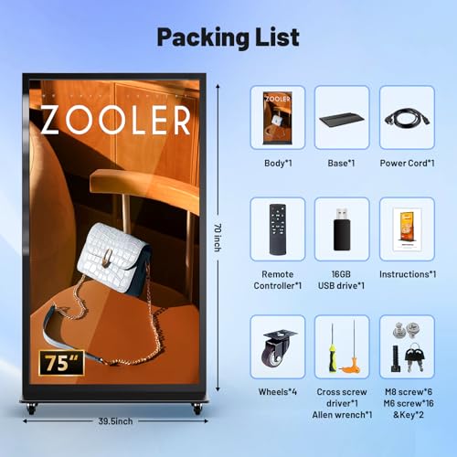 75 Inch Full Screen Indoor Floor Stand Digital Signage Kiosks Android 11 System 2GB+32GB LCD Poster Display With WiFi/HDMI/USB Input Auto Media Player, 4K UHD&CMS Remote Management for Retail Business - size: 75 Inch