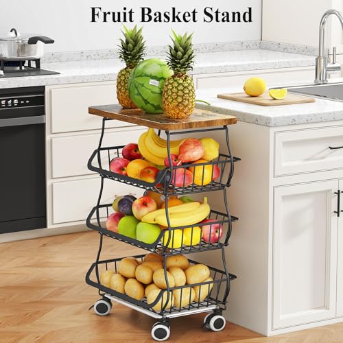 SAYZH 4-Tier Fruit and Vegetable Basket Stand for Kitchen, Wood Top, Black - color: Black, size: 4 Tiers
