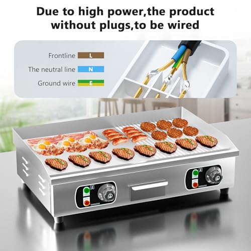 29" Commercial Electric Countertop Griddle,110V 3000W Flat Top Grill Hot Plate BBQ,Adjustable Thermostatic Control 122°F-572°F,Stainless Steel Restaurant Grill for Kitchen(NO PLUG)