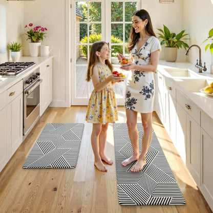 KIMODE Anti Fatigue Kitchen Mats, Padded Kitchen Floor Mats 17"x47"+17"x29" - color: Black Geometric, size: 17.3" x 47"+17.3" x 29"--0.47 inches