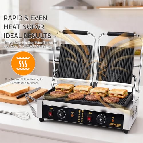 Bonnlo 813 Commercial Sandwich Make, 3600W Stainless Steel Countertop Panini Press Grill with Adjustable Temp 122°F–572°F, For Steak, Burgers, Home & Restaurant Use, 110V, Silver - size: 12.2"D x 22.2"W x 8"H
