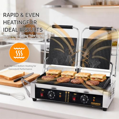 Bonnlo 813 Commercial Sandwich Make, 3600W Stainless Steel Countertop Panini Press Grill with Adjustable Temp 122°F–572°F, For Steak, Burgers, Home & Restaurant Use, 110V, Silver - size: 12.2"D x 22.2"W x 8"H