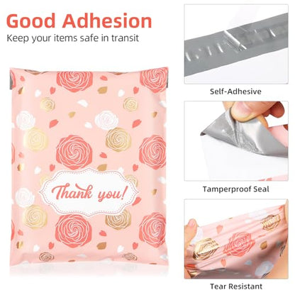 10x13 Inch Poly Mailers, Pink Golden Roses, 100 Pack Self Sealing - color: Pink Gold Roses