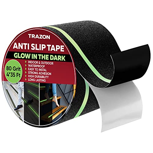 Grip Tape Glow in Dark Stripe - Heavy Duty Anti Slip Tape for Stairs Outdoor/Indoor Waterproof 4 Inch x 35 Feet Non Skid Roll Stair Steps Traction Tread Staircases Grips Adhesive Nonslip Slip Strips - color: Black with Glow in the Dark Strips, size: 4 Inc