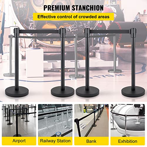 VEVOR Crowd Control Stanchion, Set of 4 Pieces Stanchion Set, Stanchion Set with 6.6 ft/2 m Black Retractable Belt, Black Crowd Control Barrier w/Concrete and Metal Base - Easy Connect Assembly - color: 4 Pcs, size: Big connector, style: Concrete Metal Bo