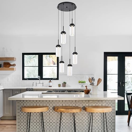 MELUCEE 6-Light Modern LED Pendant Lights Kitchen Island Black with Glass - color: Black, size: 6-Light-Round