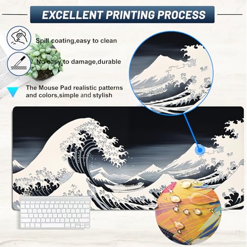Mouse Pad Desk Mat,XXL Extended Gaming Mouse Pad Desk Pad,35.7x15.7in Large Mousepad Thicken to 3mm Non-Slip Rubber Base Mousepad with Stitched Edges,Japanese Sea Wave Desks Mat for Keyboard Mouses - color: raging waves