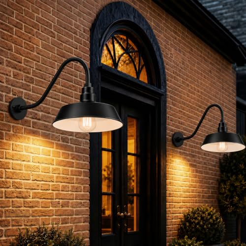 14in. Satin Black Outdoor Gooseneck Barn Light Fixture, 5000K Cool White - color: Satin Black (2-Pack), size: 22 in Gooseneck Arm