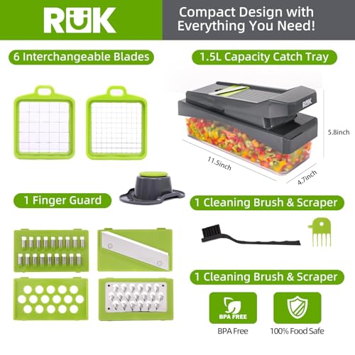 RüK 10-in-1 Vegetable Chopper – 6 Blade Veggie Chopper with Container, Food Dicer, Onion Cutter, Cheese Grater, Mandoline Slicer, Kitchen Gadgets & Home Essentials (Gray) - color: Gray