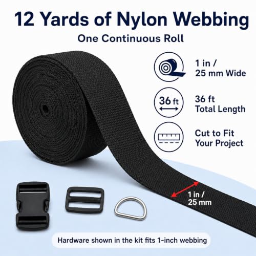 1 Inch Straps and Buckles Set, 12 Yards Nylon Webbing Strap, 12 Pack Release Buckles, 24 Tri-Glide Slide Clips, 12 Pack Metal D-Rings MaHeavy Duty Adjustable Quick Snap Fasteners, No Sewing Required - size: 1" 12 Pcs Buckle Set