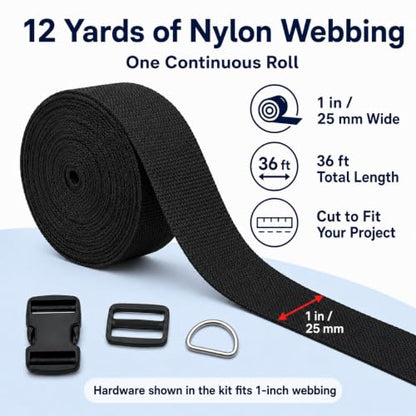 1 Inch Straps and Buckles Set, 12 Yards Nylon Webbing Strap, 12 Pack Release Buckles, 24 Tri-Glide Slide Clips, 12 Pack Metal D-Rings MaHeavy Duty Adjustable Quick Snap Fasteners, No Sewing Required - size: 1" 12 Pcs Buckle Set