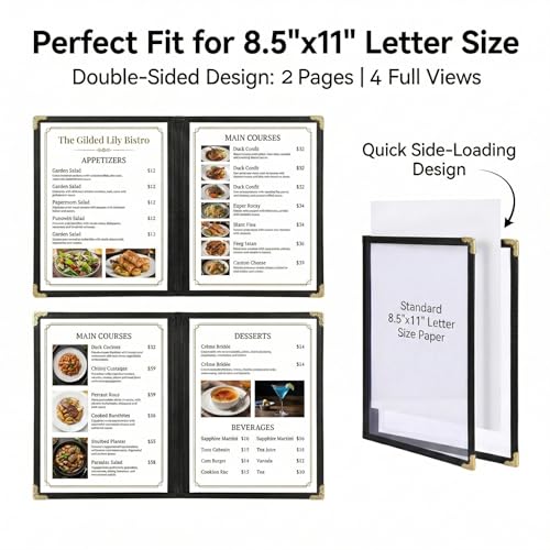 Restaurant Menu Covers 8.5 x 11 – Black Faux Leather Menu Holder with Gold Corners, 2 Pages 4 Views, Waterproof Menu Covers for Restaurants, Cafes & Bars
