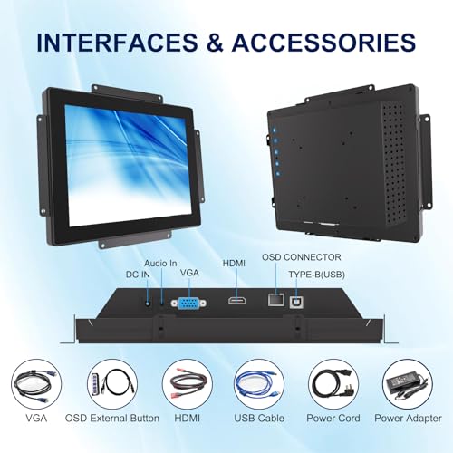 10-Point Touch Industrial Display 1024x768,IP65 Waterproof Front Panel 10.4 Inch Open Frame Capacitive Display, HD-MI VGA Port, Full Black Back Shell - size: 10.4