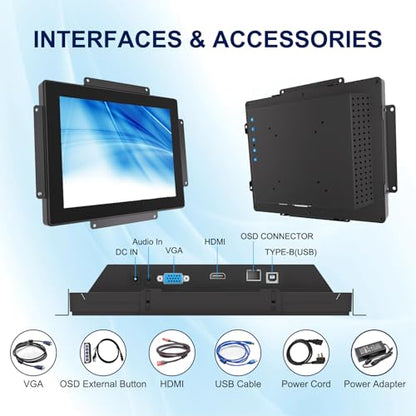 10-Point Touch Industrial Display 1024x768,IP65 Waterproof Front Panel 10.4 Inch Open Frame Capacitive Display, HD-MI VGA Port, Full Black Back Shell - size: 10.4