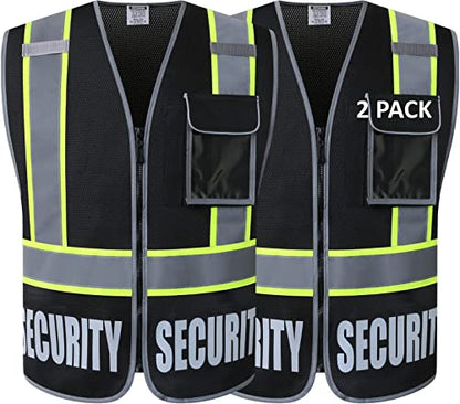 2 Pack Retro-Reflection Security Safety Vests Heavy Duty Black Mesh with 5 Pockets and Front Zipper (2/Black-22, S) - color: Black-2, size: Small