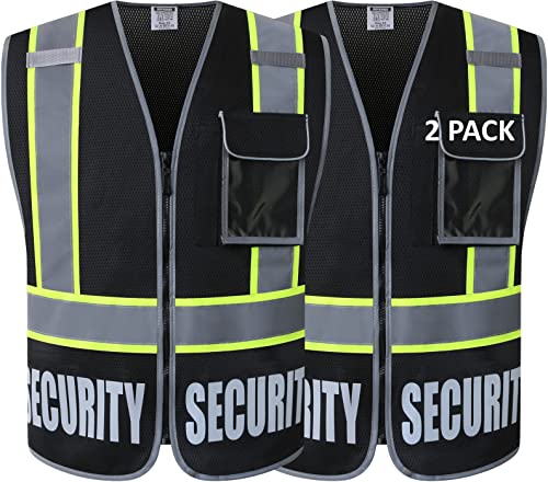 2 Pack Retro-Reflection Security Safety Vests Heavy Duty Black Mesh with 5 Pockets and Front Zipper (2/Black-22,M) - color: Black-2, size: Medium
