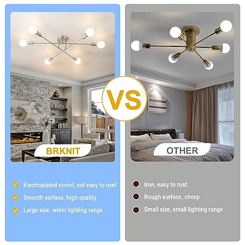 6-Light Modern Sputnik Chandeliers, Silver Mid Century Semi Flush Mount Ceiling Light Fixtures with E26 Base, Industrial Vintage Kitchen Farmhouse Light for Dining Room Bedroom Living Room - color: Silver