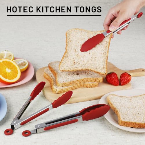 HOTEC Small Silicone Kitchen Tongs 7-Inch Mini Serving Tongs, Set of 3 - color: Red