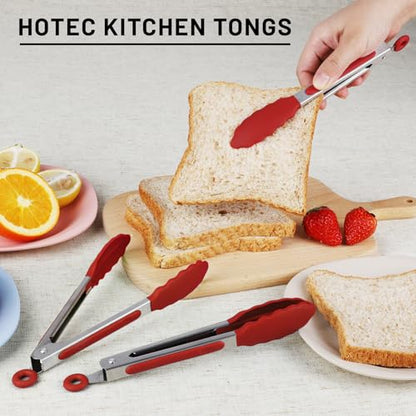 HOTEC Small Silicone Kitchen Tongs 7-Inch Mini Serving Tongs, Set of 3 - color: Red