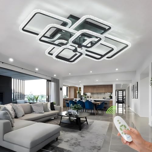 41.3in Modern Ceiling Light Fixture,Crystal Led Ceiling Lights for Living Room Light Fixture,White 8 Square Crystal Frame Dimmable with Remote Controller - color: Black, size: L41xW33in,8Light