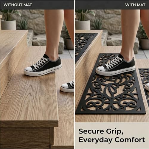 YOUEON 4 Pcs Rubber Stair Treads Non-Slip for Indoor & Outdoor Stairs, 29 x 9.5 Inch Heavy Duty Decorative Step Mats with Assembly Kits, Weather Resistant, Easy to Clean, Lotus Cutout, Black