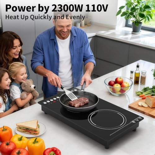 VBGK induction cooktop,110V 2300W countertop hot plate with Brushed Panel LED touch Control, induction cooker with 9 Power Levels, Kids Lock & 2H Timer,12 Inch doubledouble burner hot plate - size: double induction cooktop