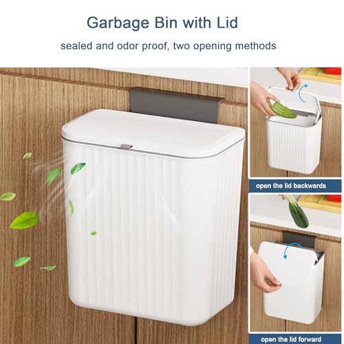 Kitchen Compost Bin Cabinet Hanging Small Trash Can with Lid 2.4 Gallon - color: white