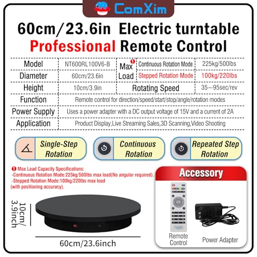 23.6In Remote Large Motorized electric turntable Rotating platform Photography Turntable Motorized lazy susan Base giratoria para for Photography,3D Scanner,Heavy duty display(Load Range:220~500lbs) - size: 23.6inch/Black/500Lbs Load
