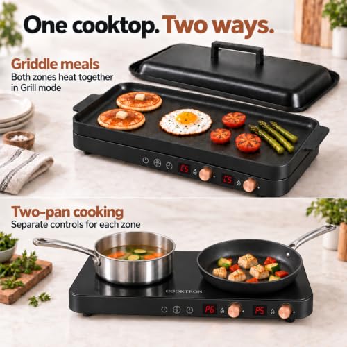 COOKTRON Portable Induction Cooktop 2 Burner with Griddle Pan, 1800W, Black - size: Double Induction Cooktop with Griddle Pan