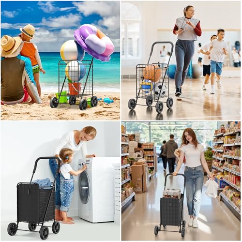 Whitmor Foldable Utility Shopping Cart with Wheels, 60Lb Capacity, Heavy Duty Grocery Cart with Steel Frame, Foam Handle, Rolling Utility Cart for Grocery, Laundry, Travel, Black/w Liner - size: 18.5"L x 18.5"W x 35"H，Black w/Liner