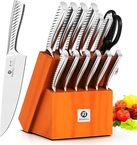 imarku® Knife Set,14-Piece Knife Sets for kitchen with block,Premium One-Piece Kitchen Knife Set with Sharpener,High Carbon Stainless Steel Knives Set for Kitchen,Silver,Dishwasher Safe - color: Silver/Brown, size: 14 Pcs