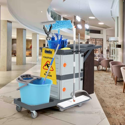 Commercial Janitorial Cart with 2 Cabinets, 3-Shelf Cleaning Cart on Wheels, Plastic Housekeeping Cart with Cover & 30-Gallon Vinyl Bag, 200 Lbs Load Capacity for Hotels, Apartments, Housekeeping