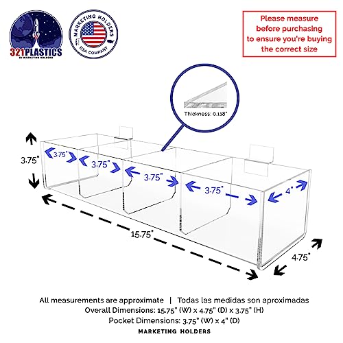 2 Pack Slatwall Acrylic Dump Bin Retail Tray Clear 4 Compartment Storage Container 15.75" Wide x 4.75" Deep by Marketing Holders - size: 4 Bin 15.75"