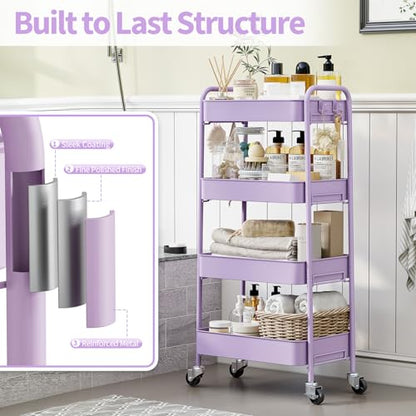 TOOLF 4 Tier Metal Rolling Cart, Utility Storage Cart with Wheels, Purple - color: Purple, size: 4-Tier