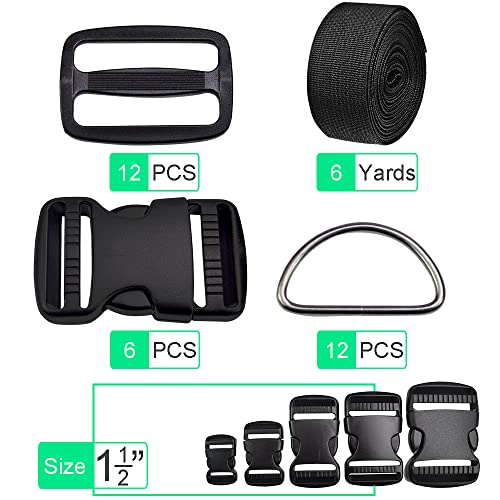 CooBigo 1.5 Inch Buckles Straps Set 6 Yards 1.5 Inch Black Nylon Webbing Strap 6 Pcs Quick Side Release Plastic Buckle Dual Adjustable 12pcs Tri-glide Slide Clip 12 Pcs Metal D Rings - color: 1-1/2"sets