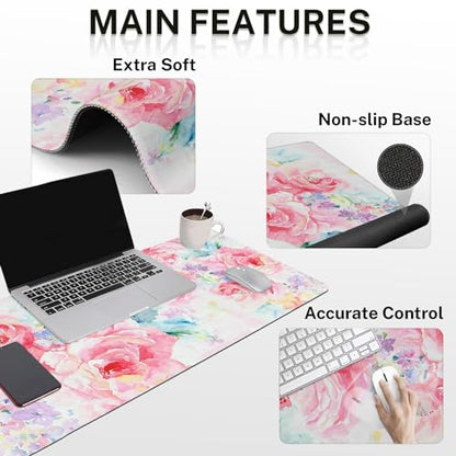 Arttown Keyboard Mouse Pad Set, 4 in 1 Desk Mat Set Watercolor Flower - color: Pink Floral