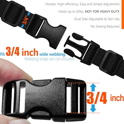 LASIGHT Buckles for 3/4 inch Wide Webbing Straps: Quick Side Release Buckles 10 set and Tri-Glide Slide 20 pcs Fit 0.75" Nylon Web Belt, Plastic Snap Fastener Clip Replacement Dual Adjustable - size: 10 Set for 3/4 inch Webbing
