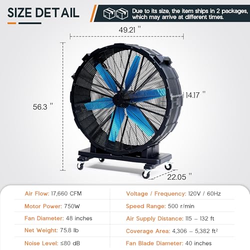 Albott 48 Inch Industrial Drum Fan with Wheels, 17,660 CFM High Velocity - size: 48 Inch
